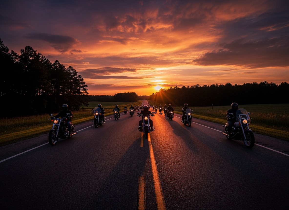 A cinematic wide photograph of a group of motorcycles and scooters riding along an open rural East Central Mississippi highway at golden hour, silhouettes of riders against a dramatic sky, warm orange sunset light raking across chrome and asphalt, deep shadows and near-black foreground, moody and rugged atmosphere, authentic riding community feel, high contrast between deep black tones and vivid orange glow, no visible faces, photographic realism, open road stretching into the distance